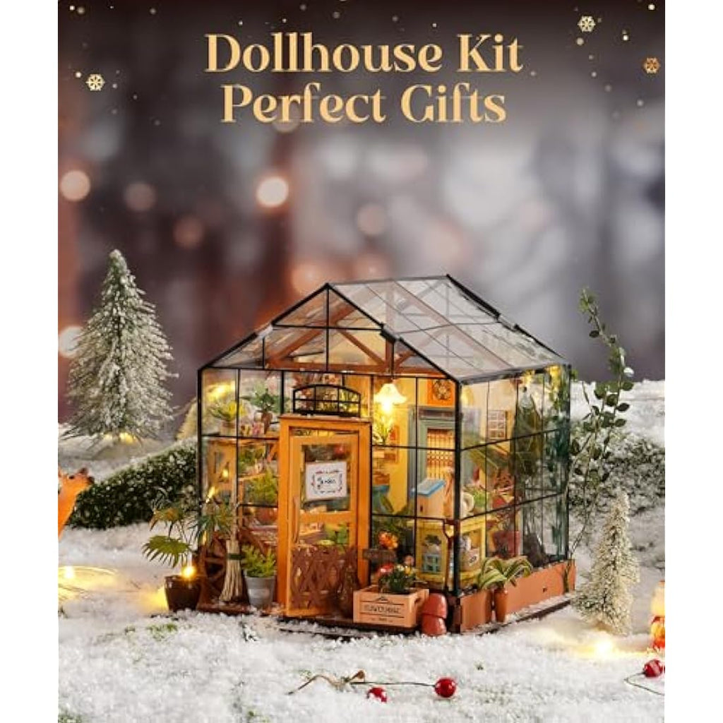 ROWOOD DIY Miniature Greenhouse Dollhouse Kit with LED Light - Wooden Model