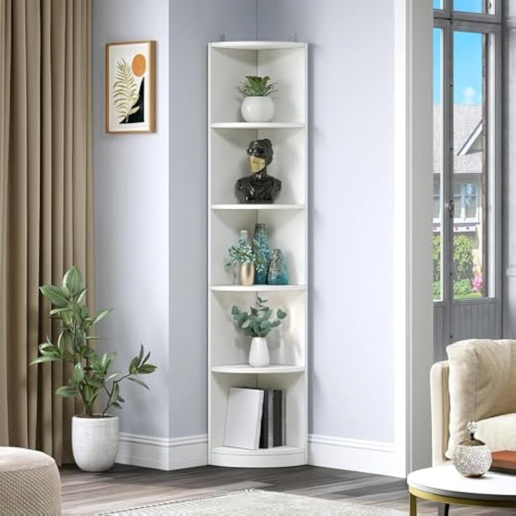 YITAHOME 5-Tier Corner Bookshelf – Modern White Wooden Display Shelf