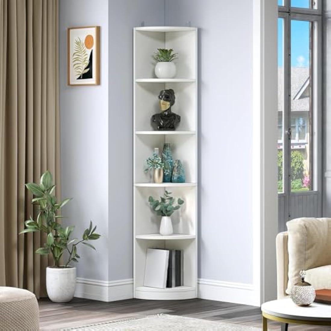YITAHOME 5-Tier Corner Bookshelf – Modern White Wooden Display Shelf