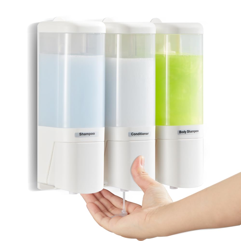 Szmst 3-Chamber Wall Mounted Shampoo Dispenser | No-Drill White 480ml