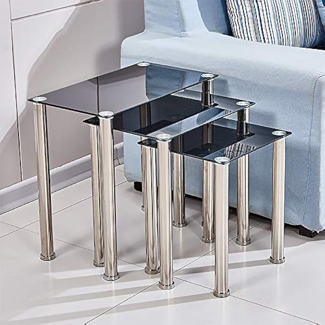 Nesting Tables – Set of 3 Glass and Stainless Steel Tables