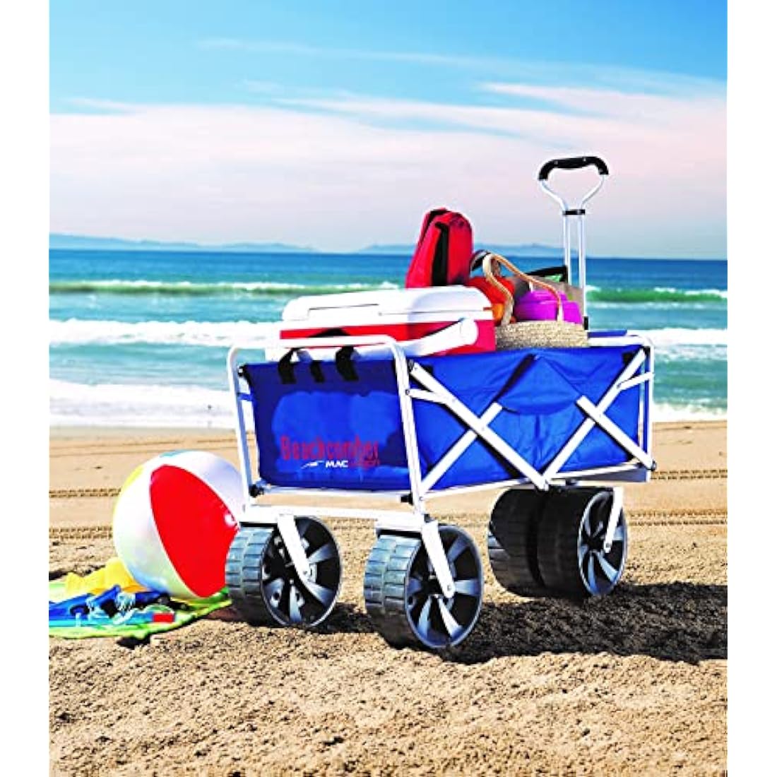 MacSports Heavy Duty Folding Beach Wagon – Blue/White Utility Cart
