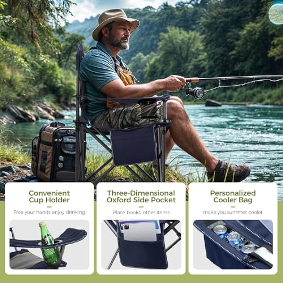 ALPHA CAMP Heavy Duty Folding Camping Chair with Cooler Bag – Blue