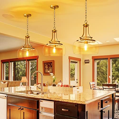 WUZUPS Brushed Gold Industrial Pendant Light | Round Glass Farmhouse Chandelier