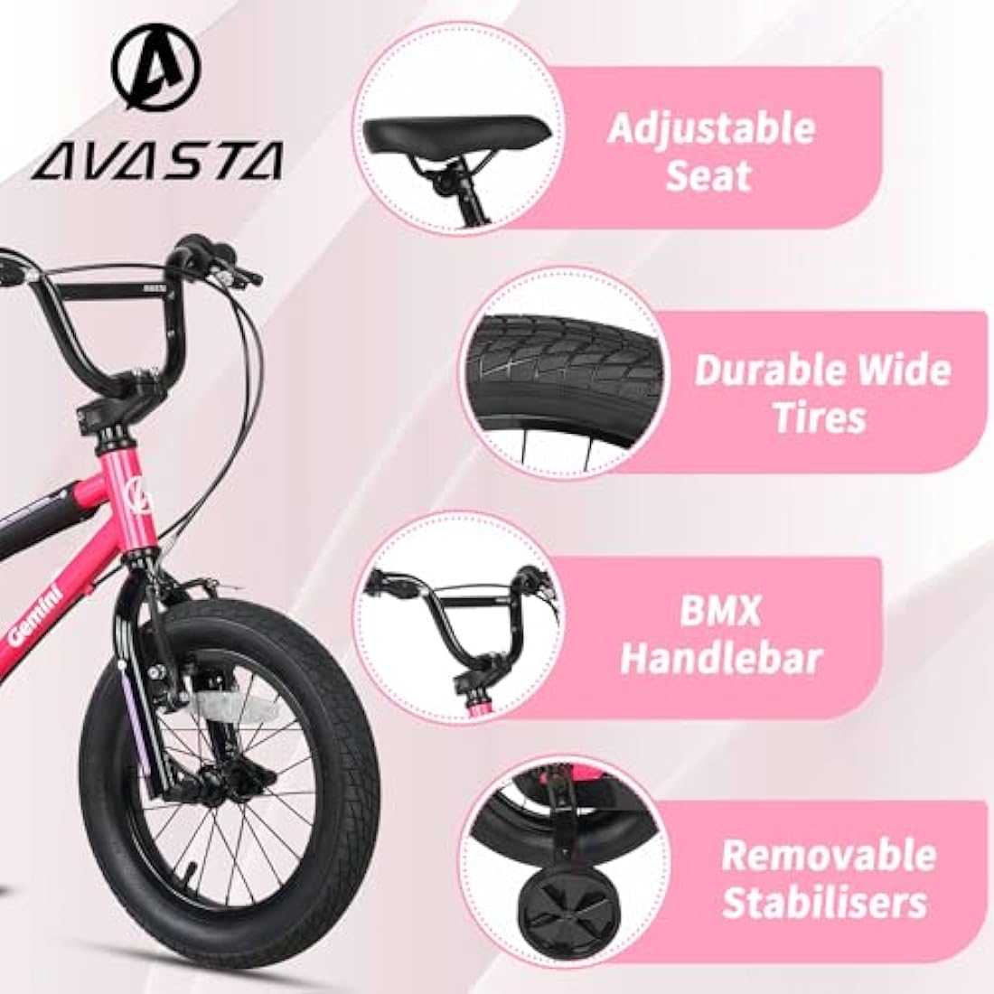 AVASTA Gemini Kids BMX Bike | 12-16 Inch Steel Bicycle with Stabilisers