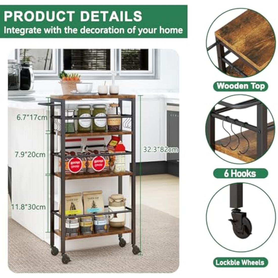 IBUYKE 4-Tier Slim Rolling Cart | Narrow Metal Storage Trolley, Rustic Brown