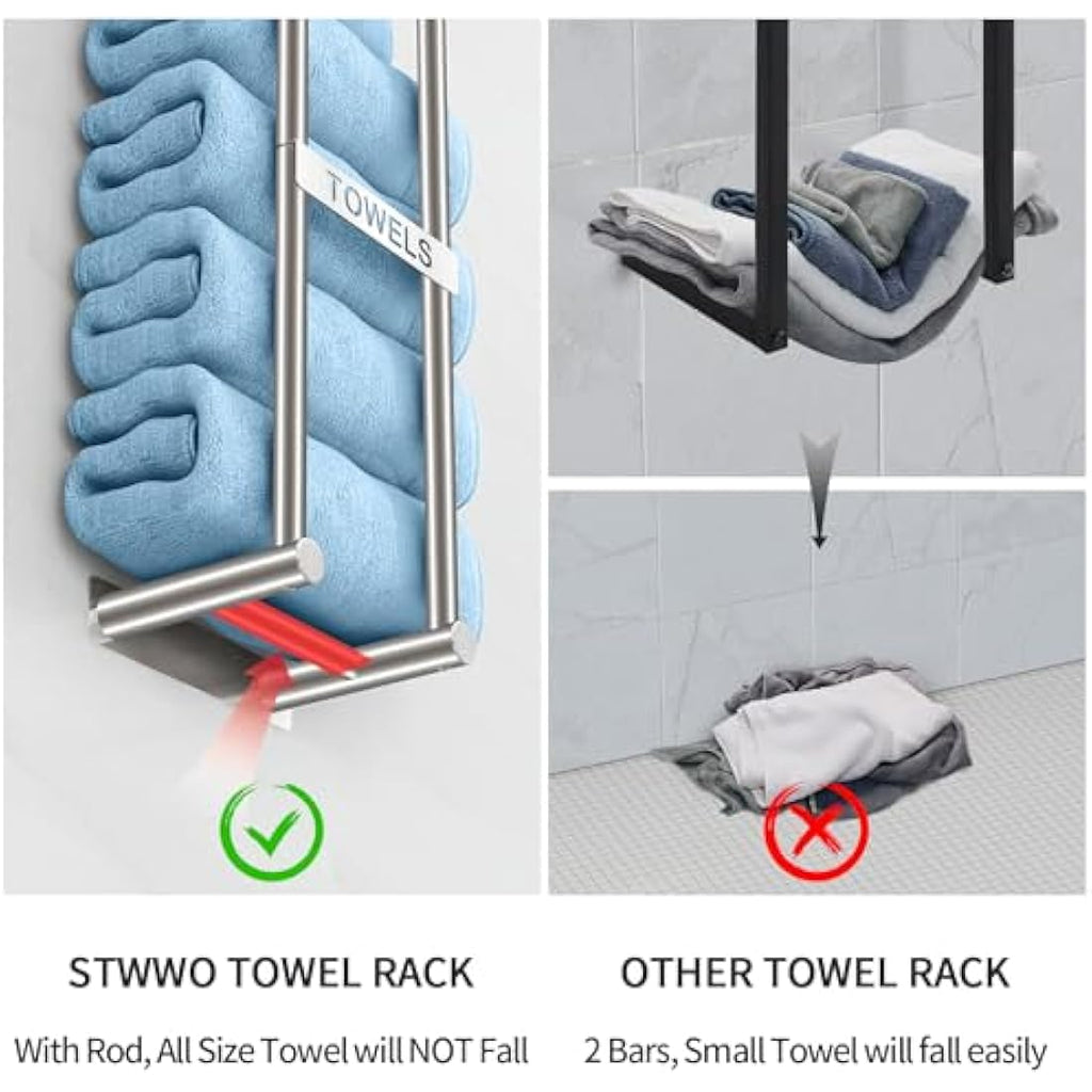 STWWO Wall Mounted Towel Rack – Brushed Metal Bathroom Storage