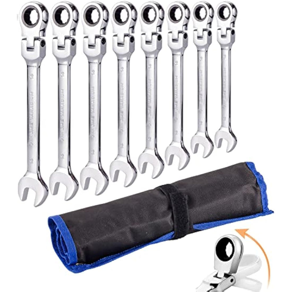 Qnkaa 8-Piece Flex-Head Ratchet Wrench Set – 9-17mm Metric Spanners