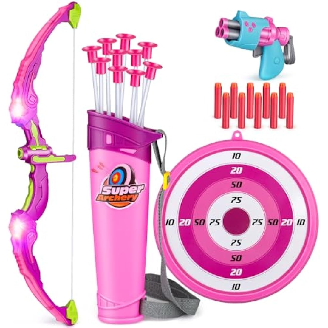 Own1one Kids 2-in-1 Archery Set with LED Lights and Foam Blaster - Pink