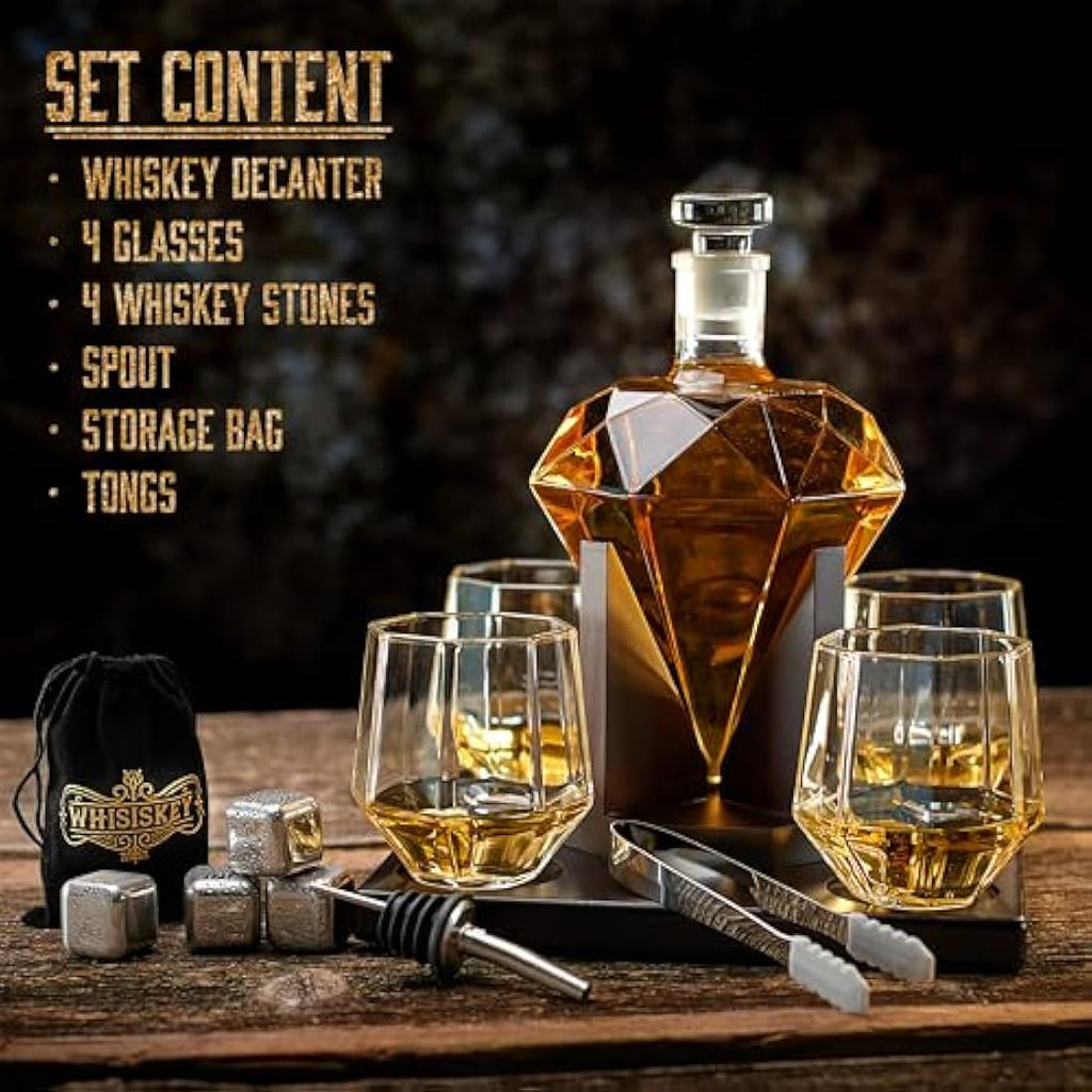 Whisiskey Diamond Whiskey Decanter Set - 1000ml Carafe with 4 Glasses