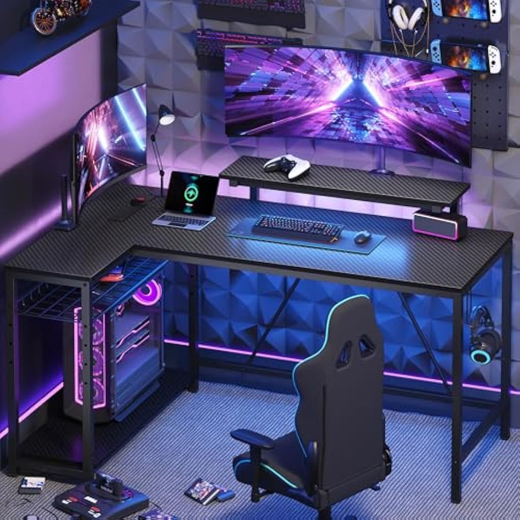 L-Shaped Gaming Desk – Carbon Fiber Workstation with LED & USB