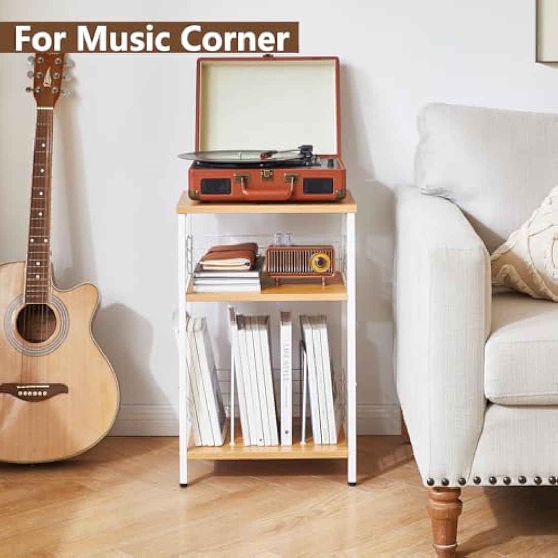 YMYNY 3-Tier Record Player Stand – Industrial Side Table, Natural
