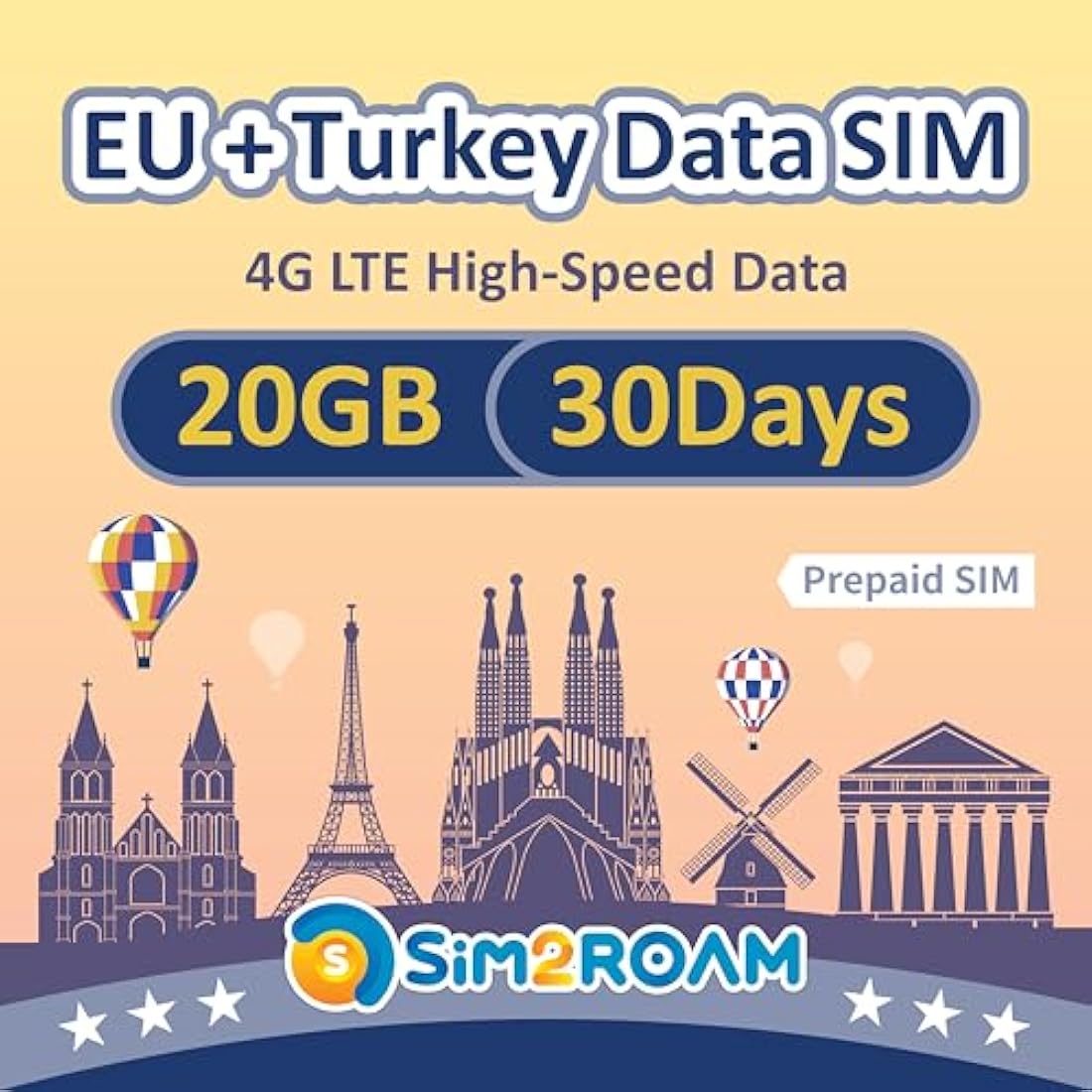 Europe & Turkey Travel SIM Card | 20GB 4G LTE Data | 30 Days