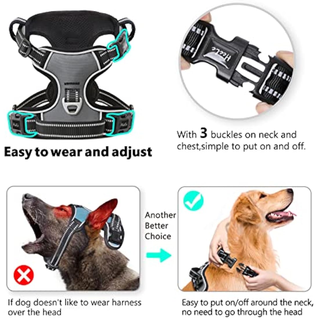 HEELE No Pull Dog Harness | Reflective Padded Adjustable Vest - Grey, L