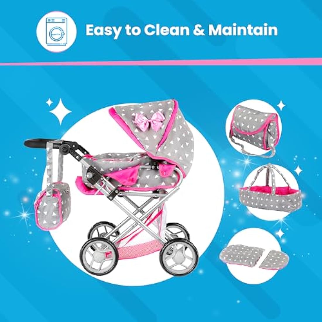 Kinderplay 3-in-1 Doll Pram – Toy Stroller with Adjustable Handle, KP0200S