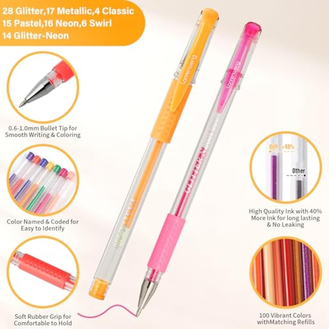 LANRENWENG 200 Pack Glitter Gel Pens Set with 100 Refills and Canvas Bag