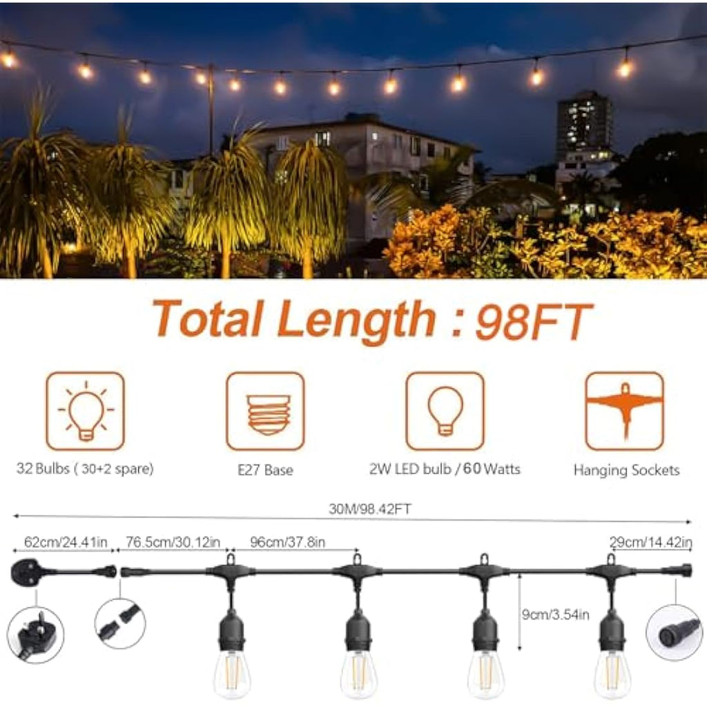 Spacelumen 98FT Outdoor String Lights – 32 S14 LED Bulbs IP65 Waterproof