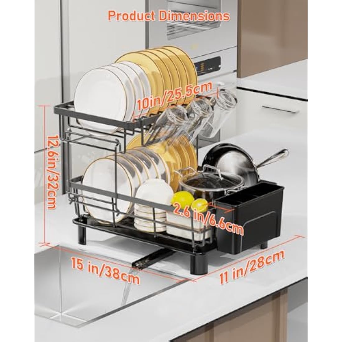 LIONONLY 2-Tier Dish Drying Rack with 360° Swivel Spout & Utensil Holder