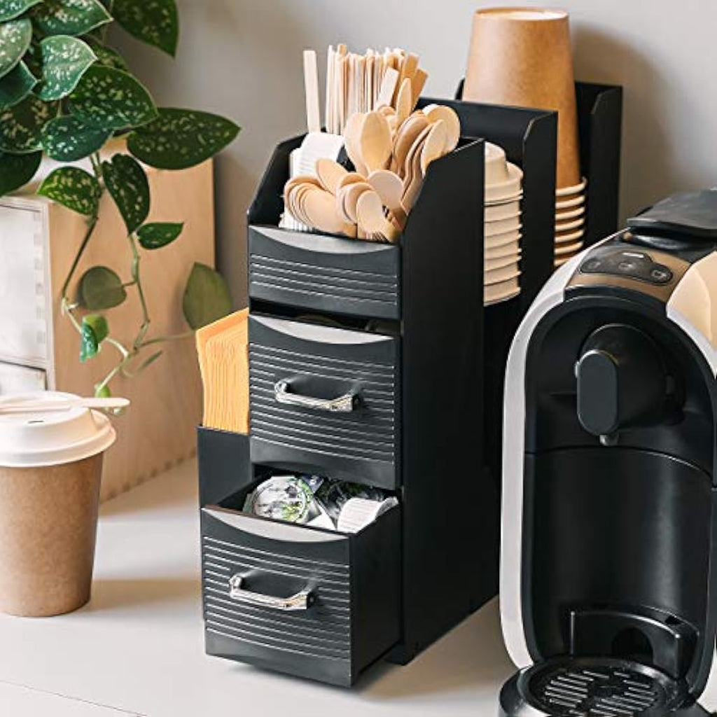Navaris Coffee Condiment Caddy – 2-Drawer Tea Station Organizer - Black