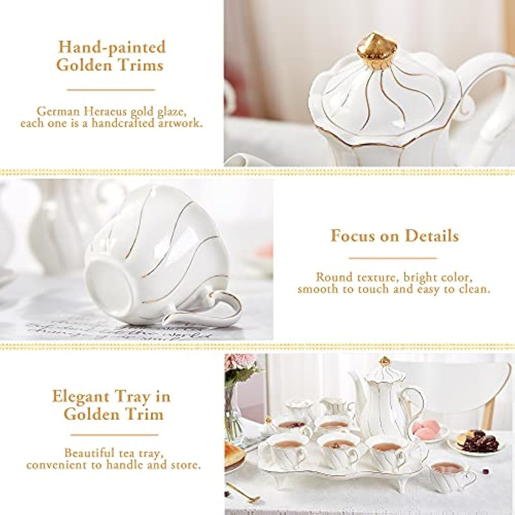 DUJUST 14-Piece Porcelain Tea Set | British Style White & Gold Luxury Set