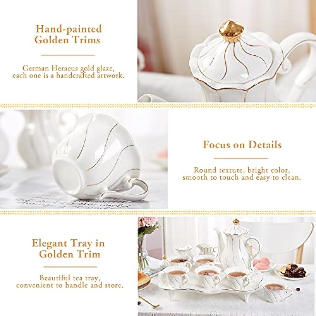 DUJUST 14-Piece Porcelain Tea Set | British Style White & Gold Luxury Set