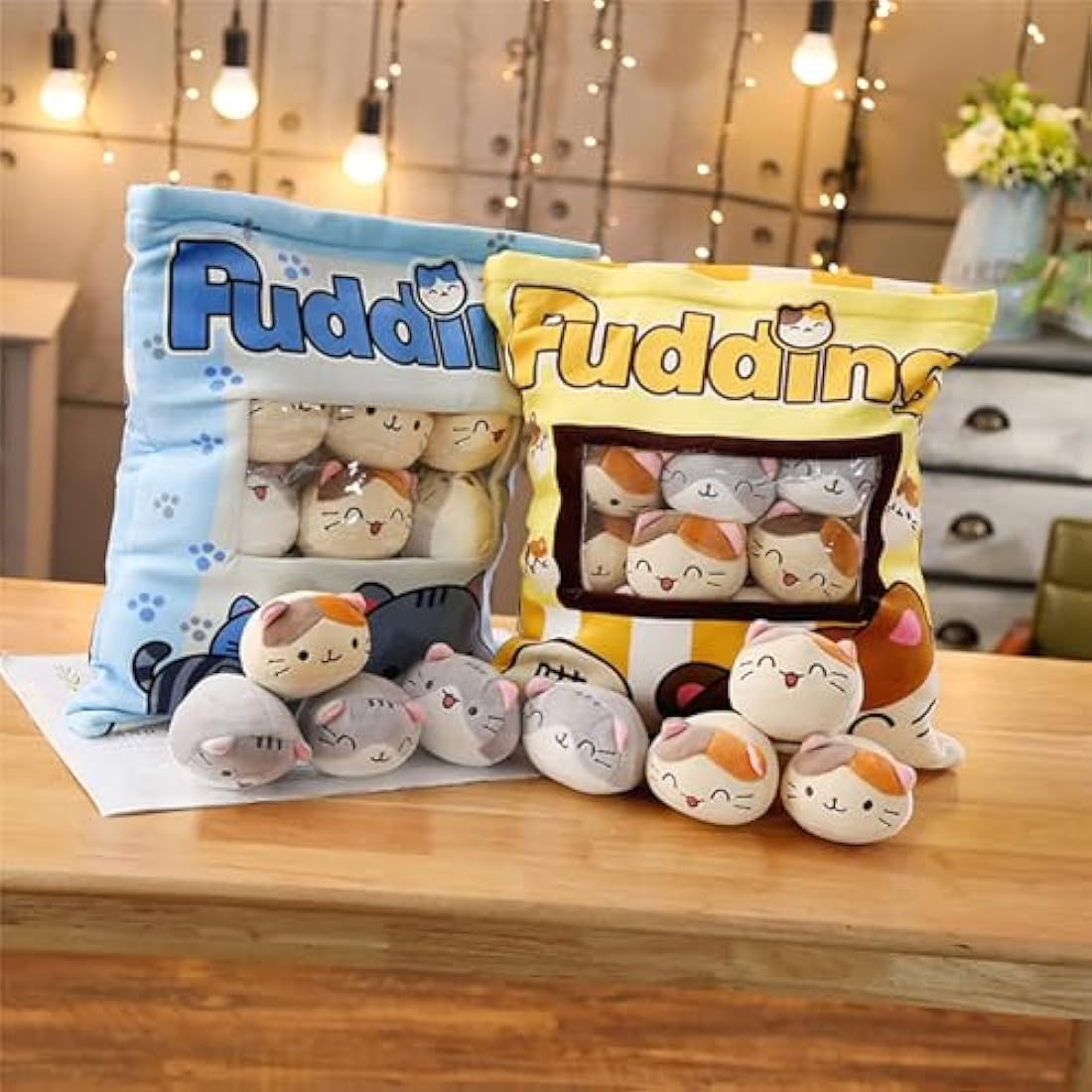 Cat Snack Pillow – Kawaii Plush with 8 Removable Kitty Dolls