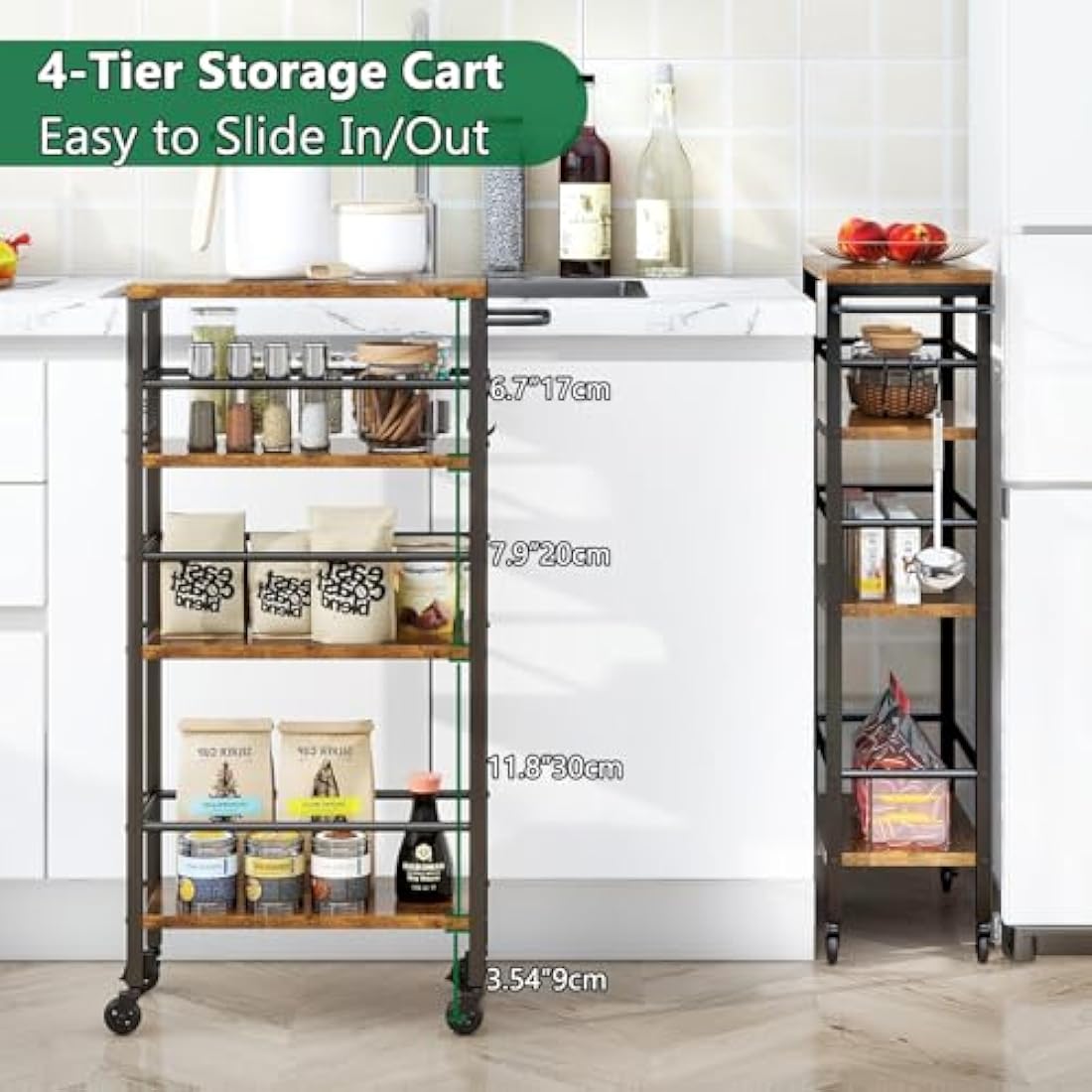 IBUYKE 4-Tier Slim Rolling Cart | Narrow Metal Storage Trolley, Rustic Brown