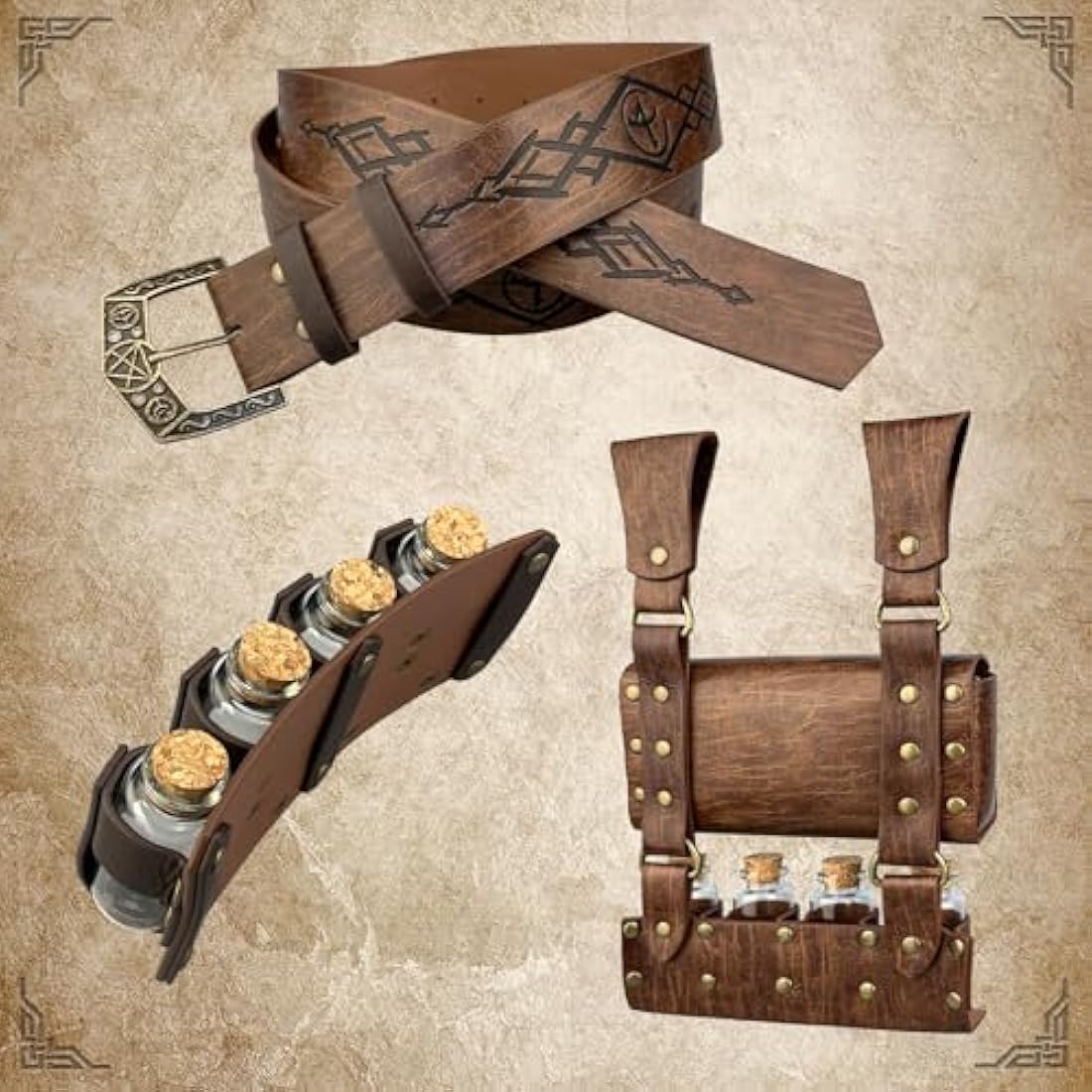 EpicCos Medieval Alchemy Belt with Potion Bottles | PU Leather Viking Pouch