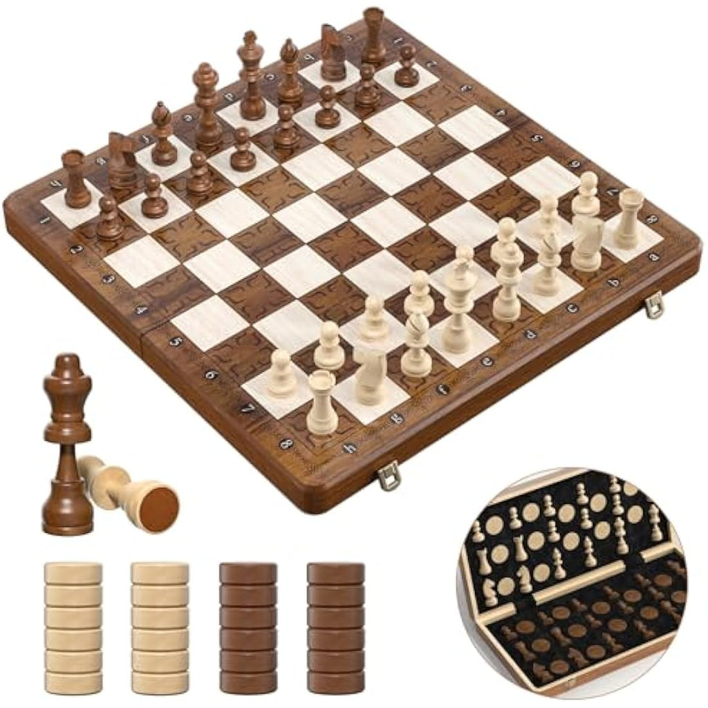 Sarr Klith 16" Wooden Magnetic Chess and Checkers Set | Foldable 2-in-1