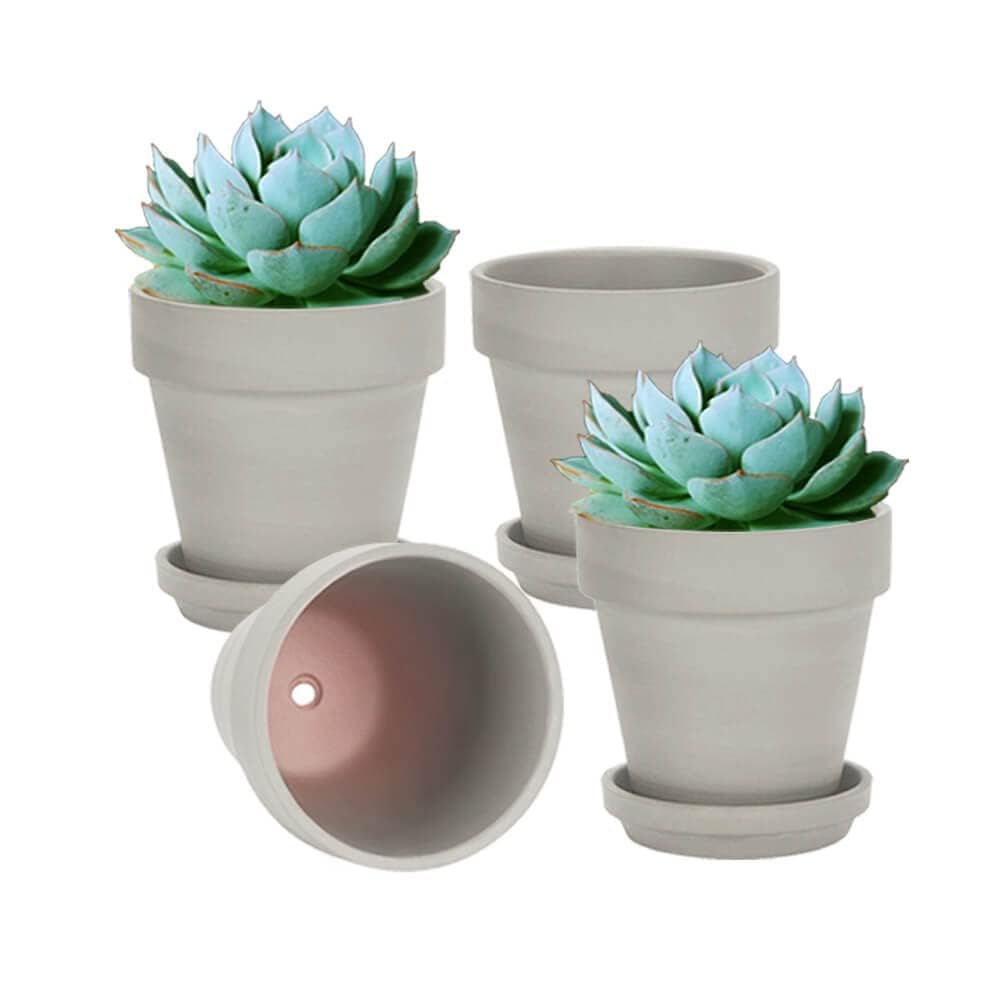 Vensovo Gray Terracotta Pots with Saucers - 4 Pack 15CM Clay Planters