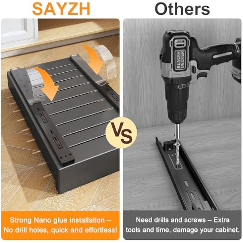 SAYZH Pull Out Cabinet Organiser – Heavy Duty No-Drill Sliding Drawer, Black