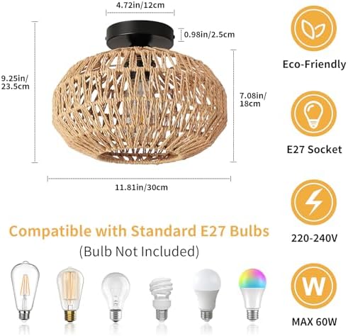 FORCOSO Rattan Ceiling Light – Boho Handwoven E27 Vintage Chandelier