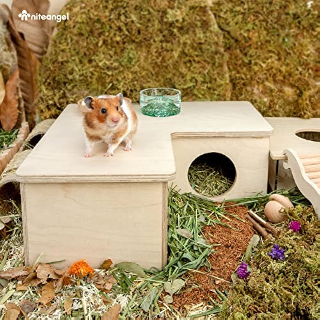 Niteangel 3-Chamber Hamster House Maze – Birch Wood Syrian Hamster Hideout