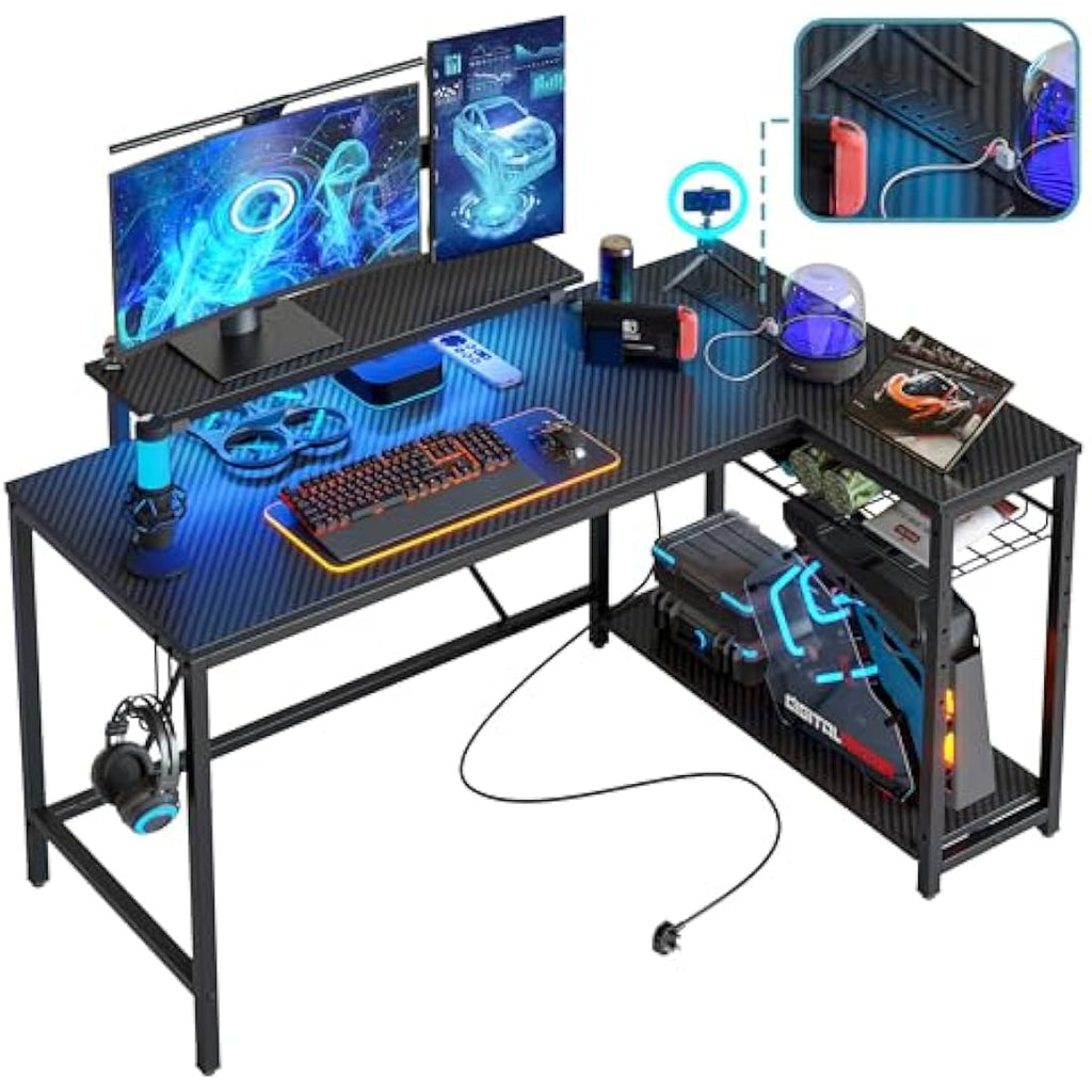L-Shaped Gaming Desk – Carbon Fiber Workstation with LED & USB