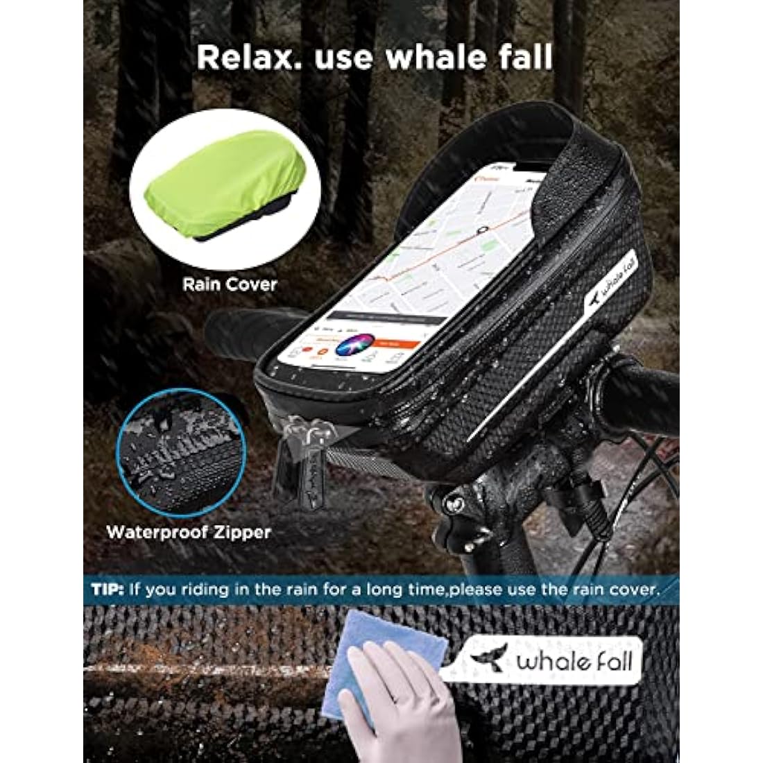 Whale Fall Waterproof Bike Frame Bag | Hard Shell Phone Holder up to 7"