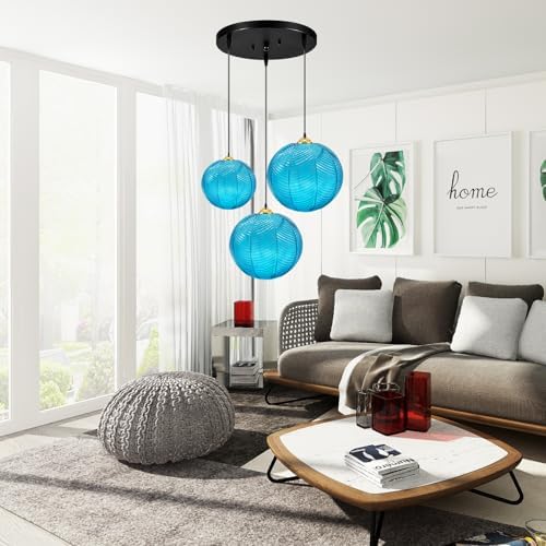 3-Light Blue Ribbed Glass Pendant Light | Modern Globe Chandelier
