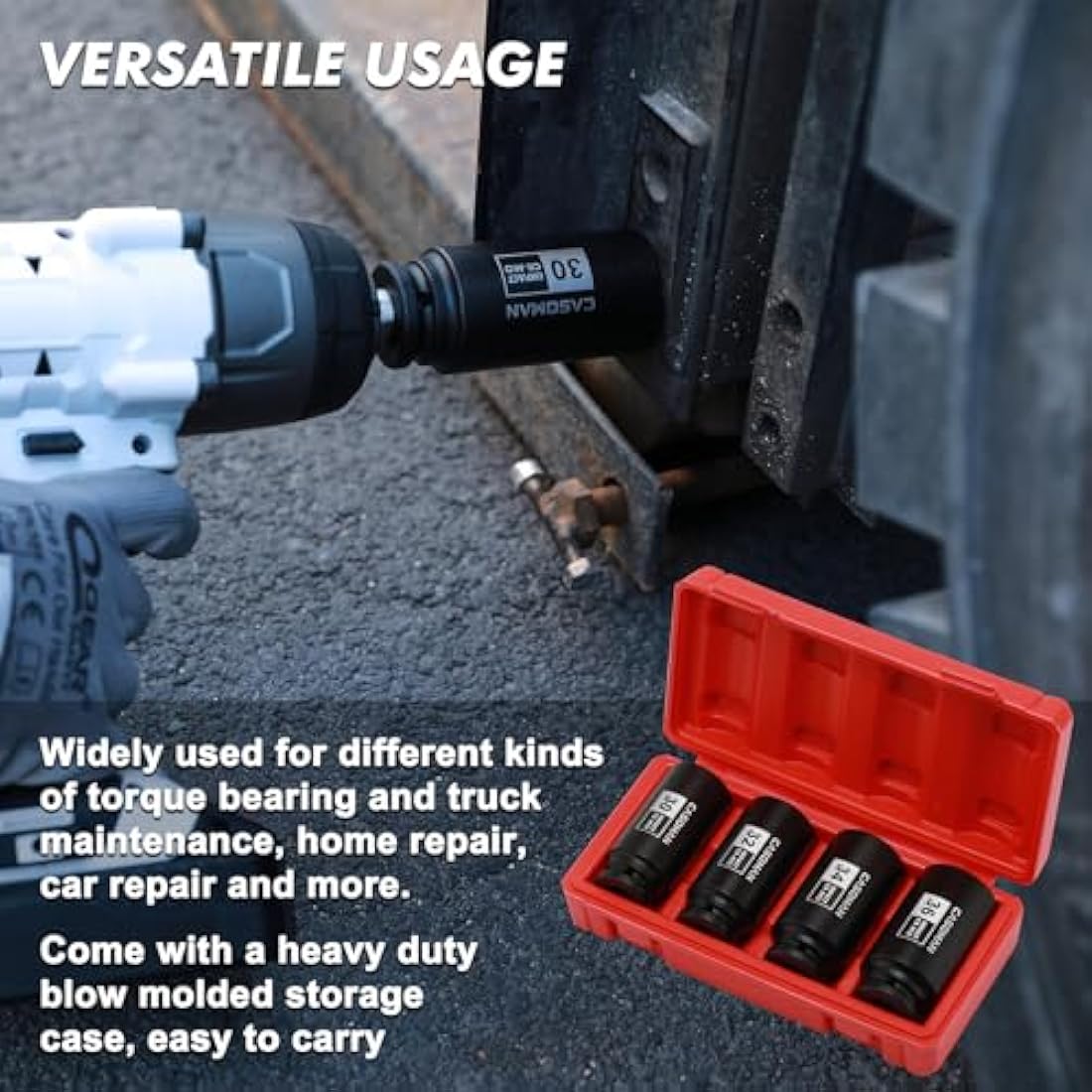CASOMAN 4pc 1/2" Drive Deep Spindle Axle Nut Impact Socket Set, 12-Point