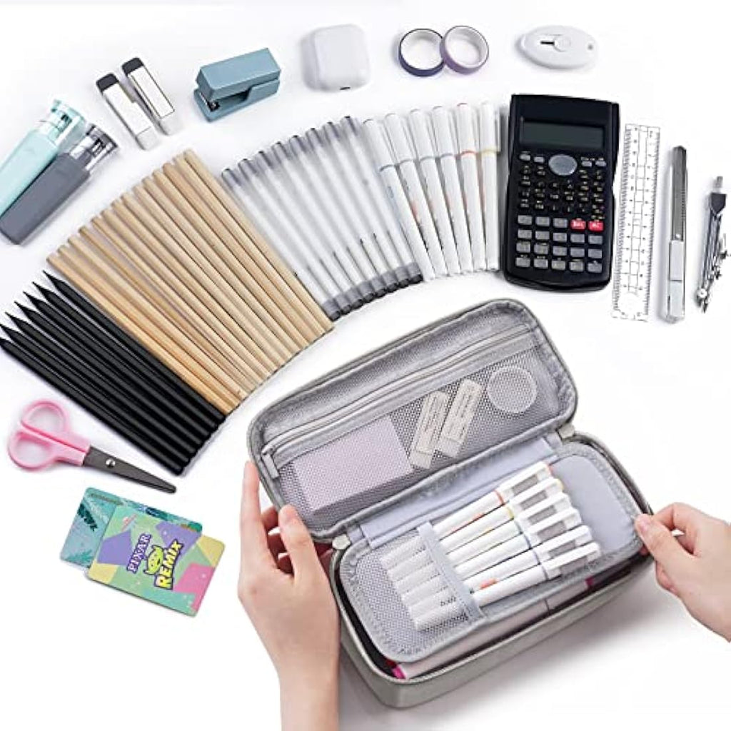 WEMATE Large Canvas Pencil Case | 5-Compartment High Capacity Pouch - Grey
