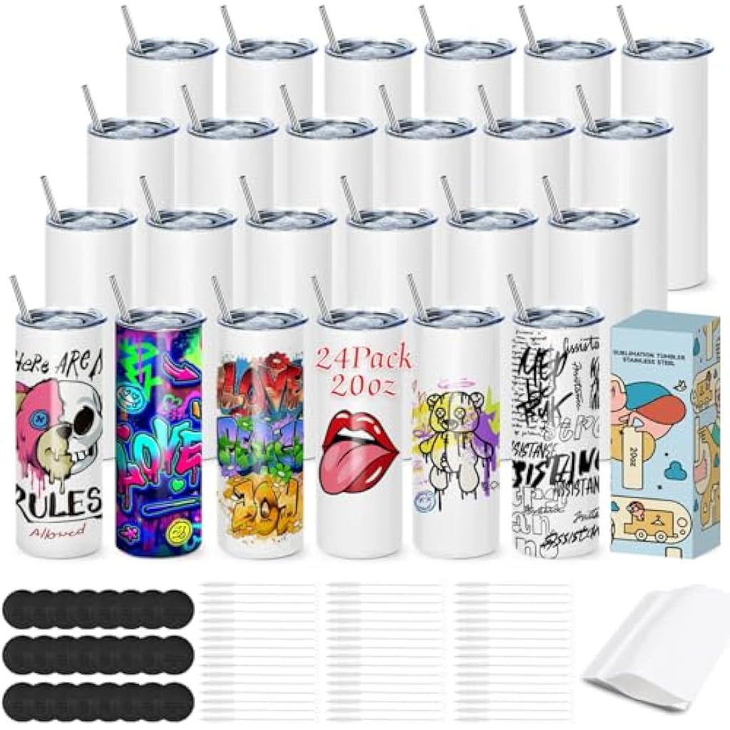 Jolof Store 20oz Sublimation Blanks Skinny Tumbler Set - 24 Pack White