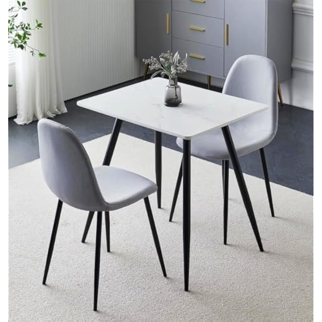 Hallowood Cullompton White Marble Dining Table and 2 Grey Fabric Chairs