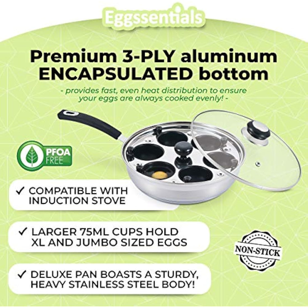 Eggssentials 6-Cup Stainless Steel Egg Poacher Pan - Nonstick Induction