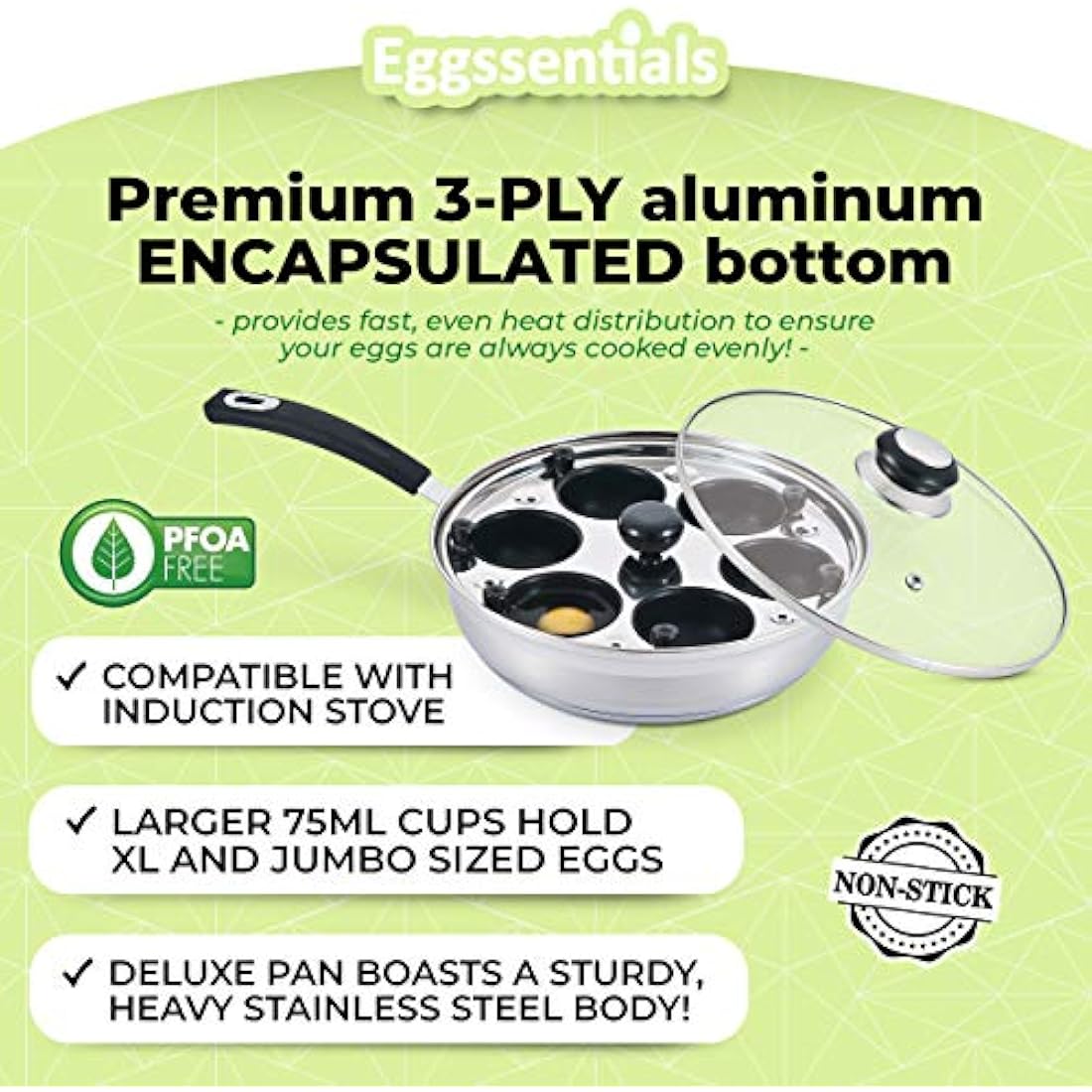 Eggssentials 6-Cup Stainless Steel Egg Poacher Pan - Nonstick Induction