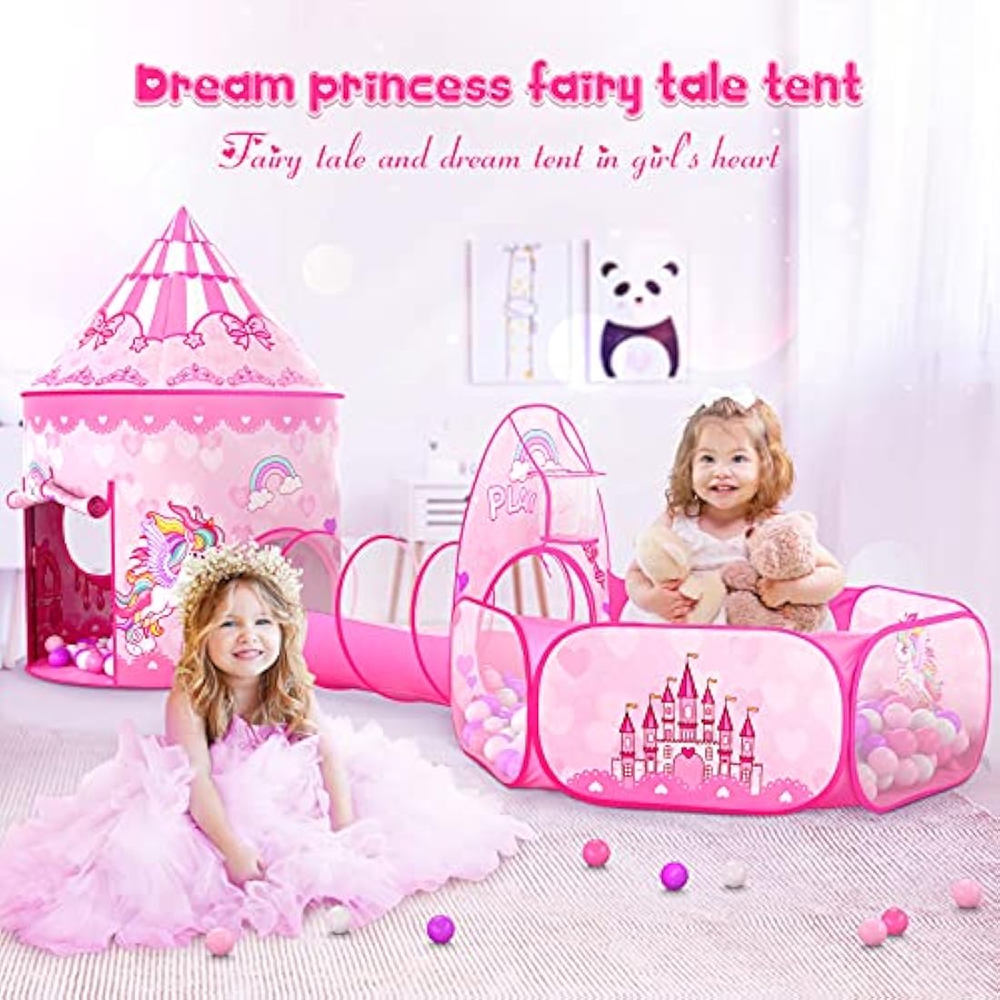 SENODEER 3-in-1 Princess Tent with Ball Pit and Crawl Tunnel for Girls