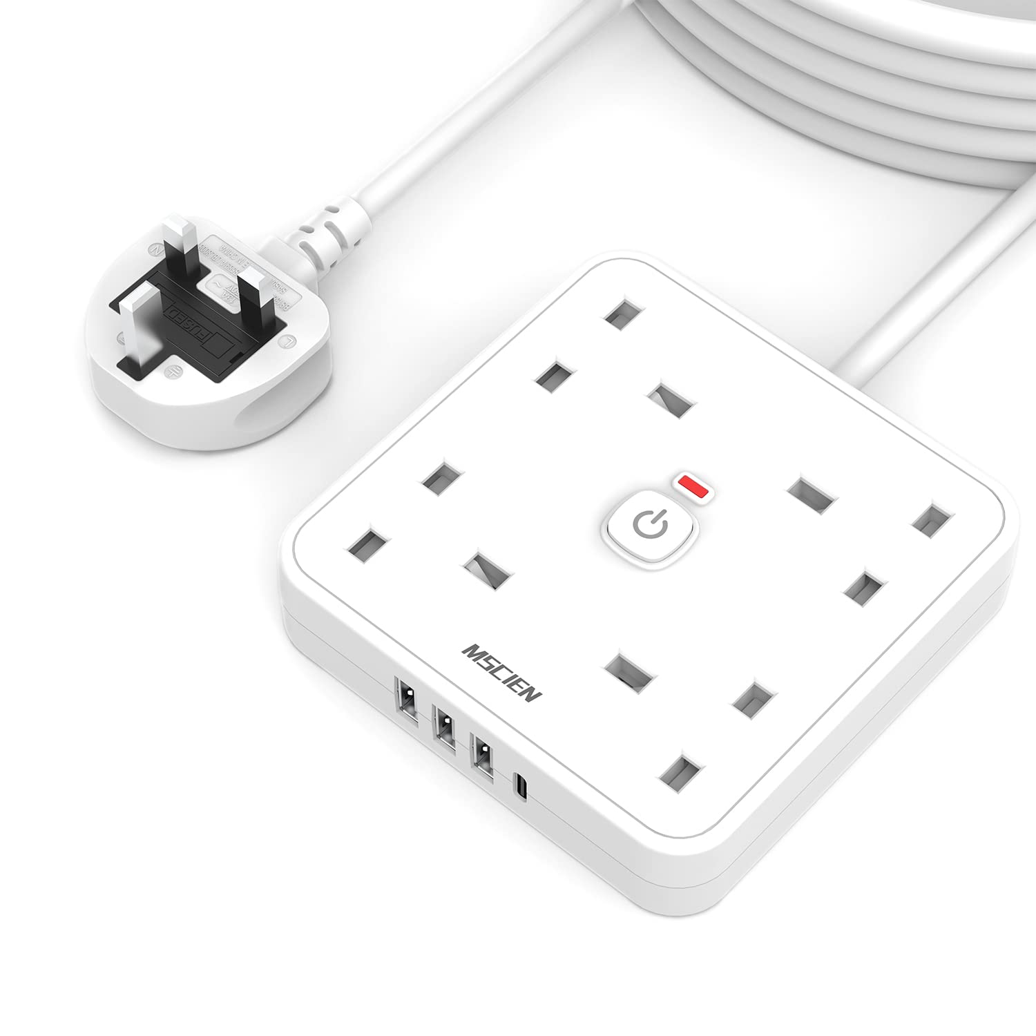 Mscien 5M 4 Gang Extension Lead with 4 USB Ports | Wall Mount Power Strip