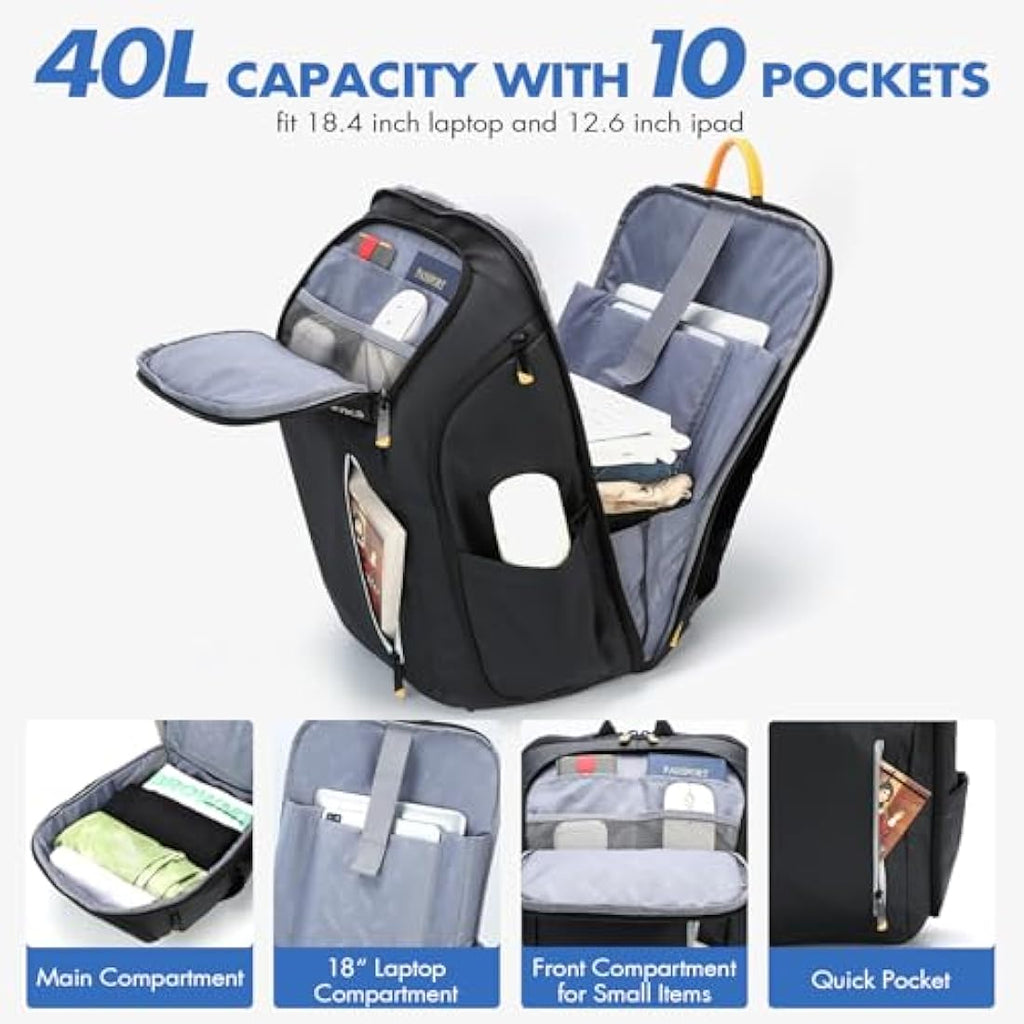 18.4 Inch Laptop Backpack – 40L Travel Tech Rucksack Black