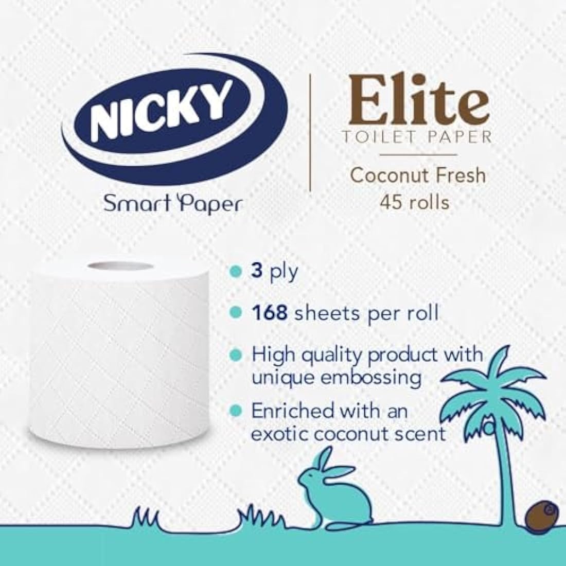 Nicky Elite Coconut Fresh Toilet Tissue | 45 Rolls | 3-Ply White Paper