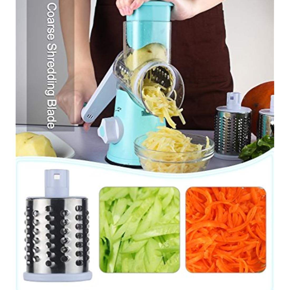 Ourokhome Rotary Cheese Grater | 3-Blade Vegetable Mandoline Slicer – Blue