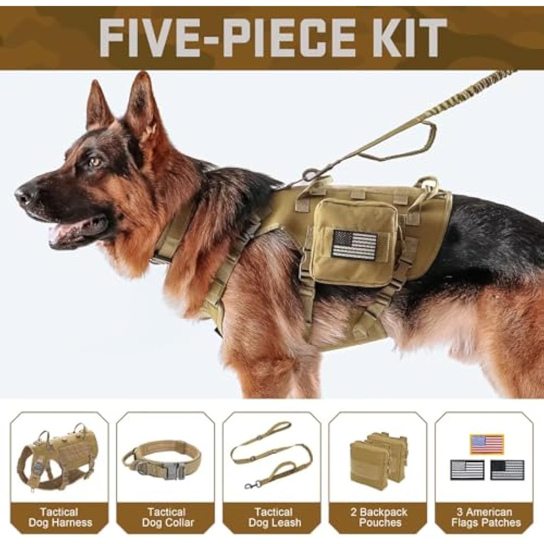 Forestpaw Tactical Dog Harness and Collar Set with Bungee Leash – Brown