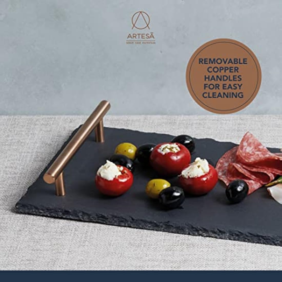 Artesà Slate Serving Platter with Copper Handles for Buffets, 60 x 15 cm