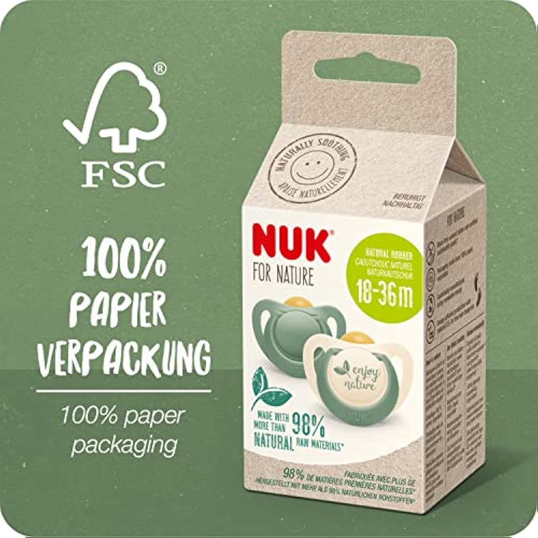 NUK for Nature Natural Rubber Soothers | 18-36 Months | Eucalyptus Green